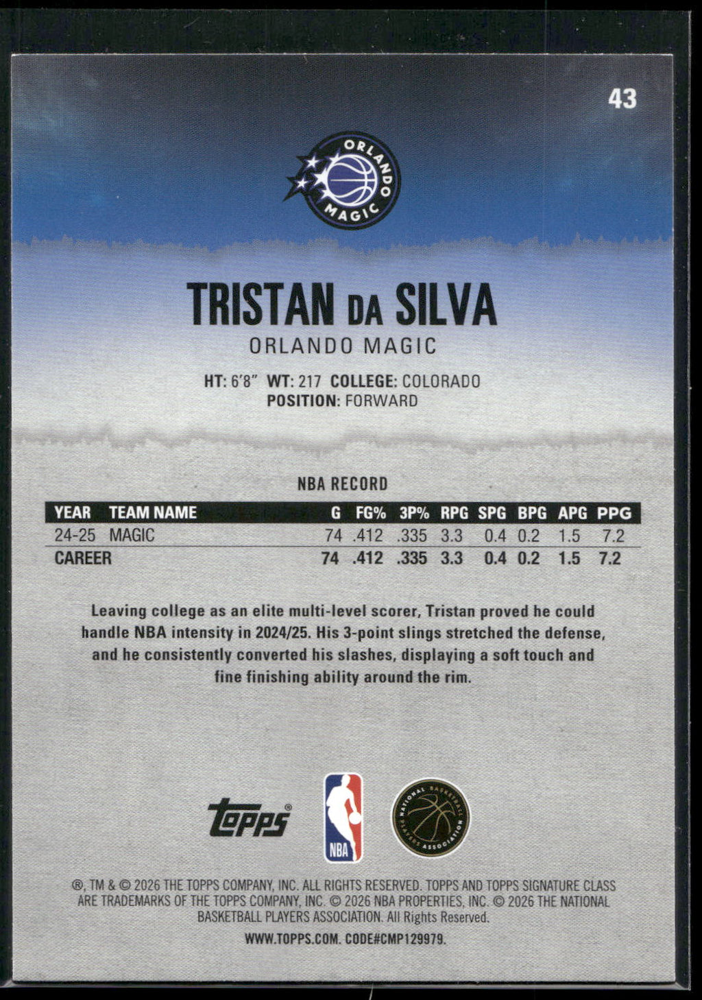 2025-26 Topps Signature Class #43 Tristan da Silva