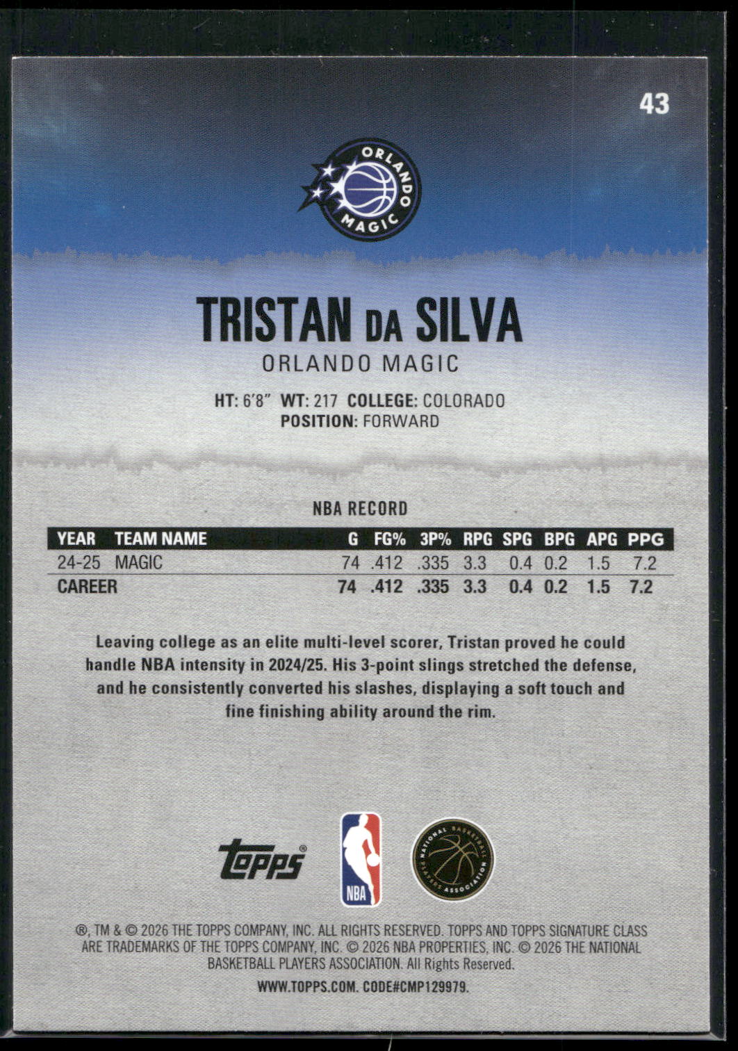 2025-26 Topps Signature Class #43 Tristan da Silva