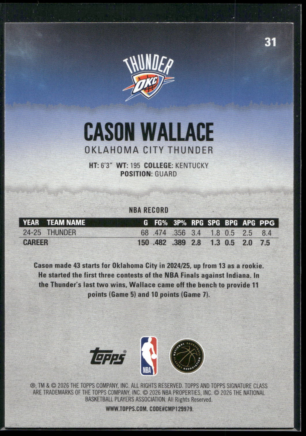 2025-26 Topps Signature Class #31 Cason Wallace