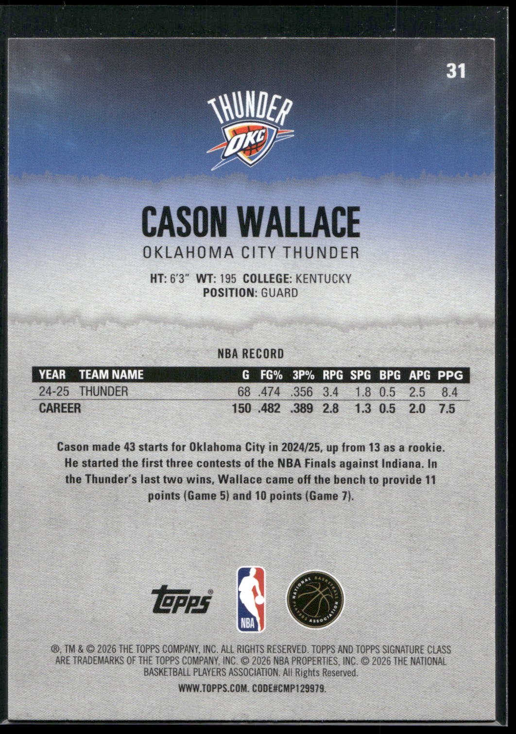 2025-26 Topps Signature Class #31 Cason Wallace
