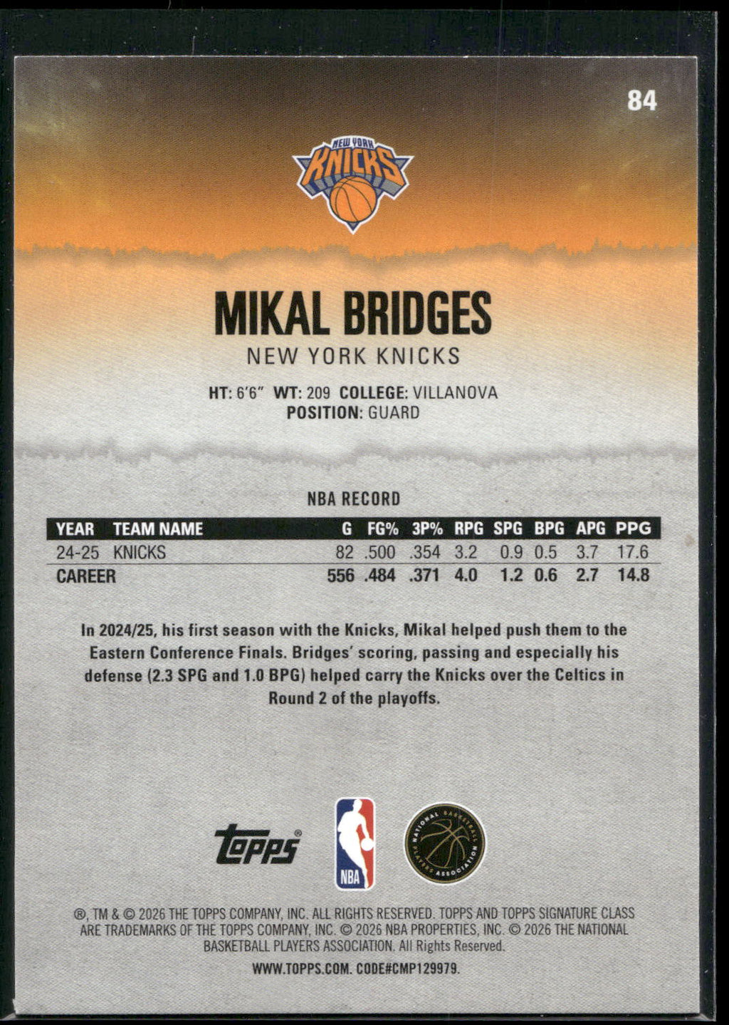 2025-26 Topps Signature Class #84 Mikal Bridges