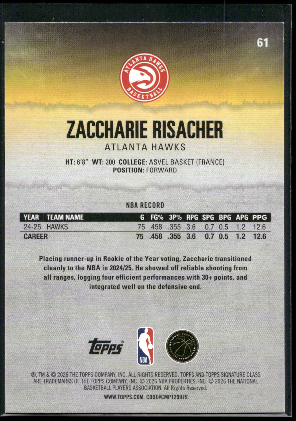 2025-26 Topps Signature Class #61 Zaccharie Risacher