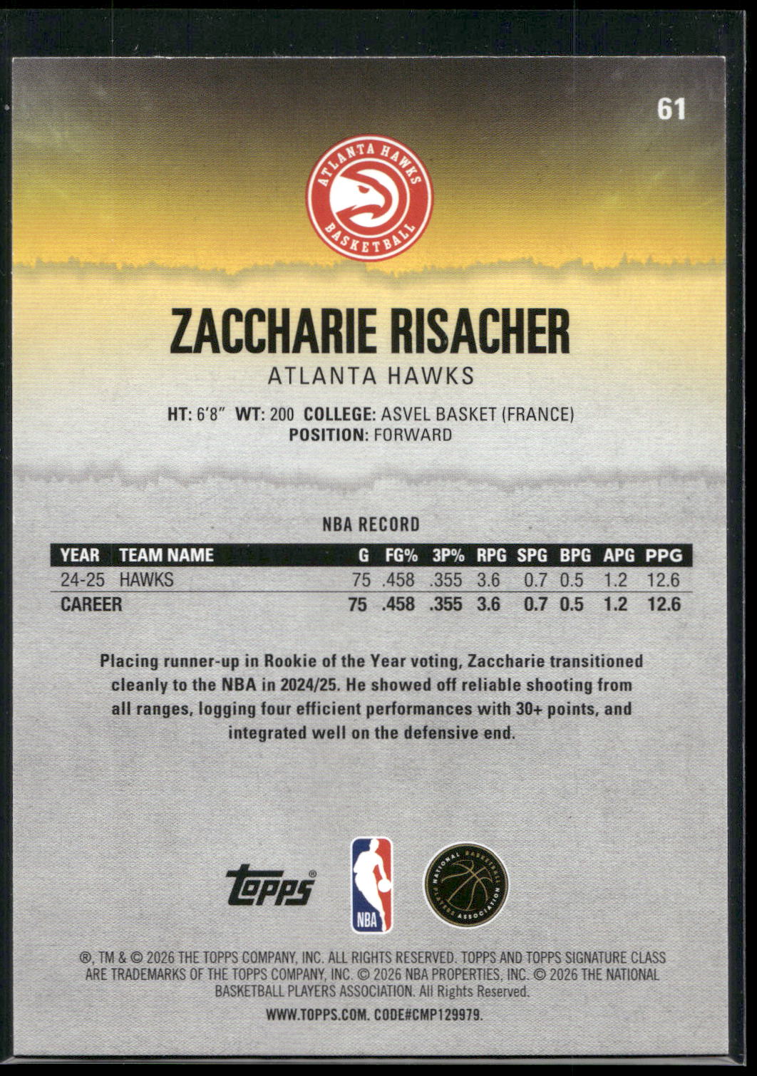 2025-26 Topps Signature Class #61 Zaccharie Risacher