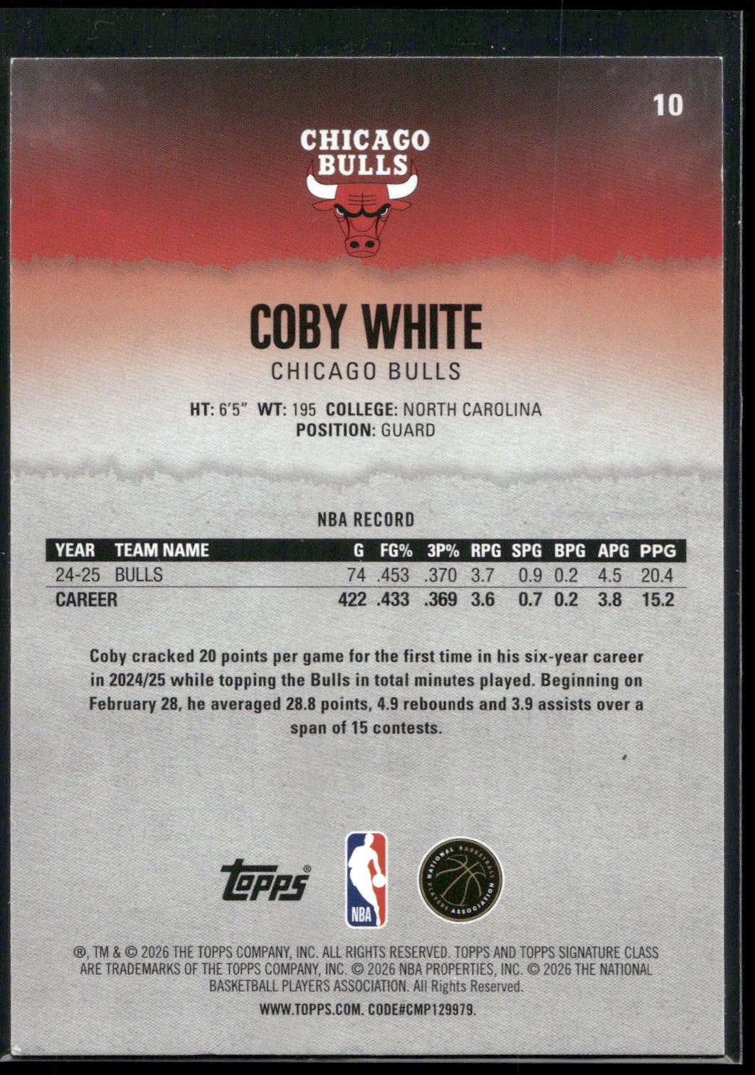 2025-26 Topps Signature Class #10 Coby White