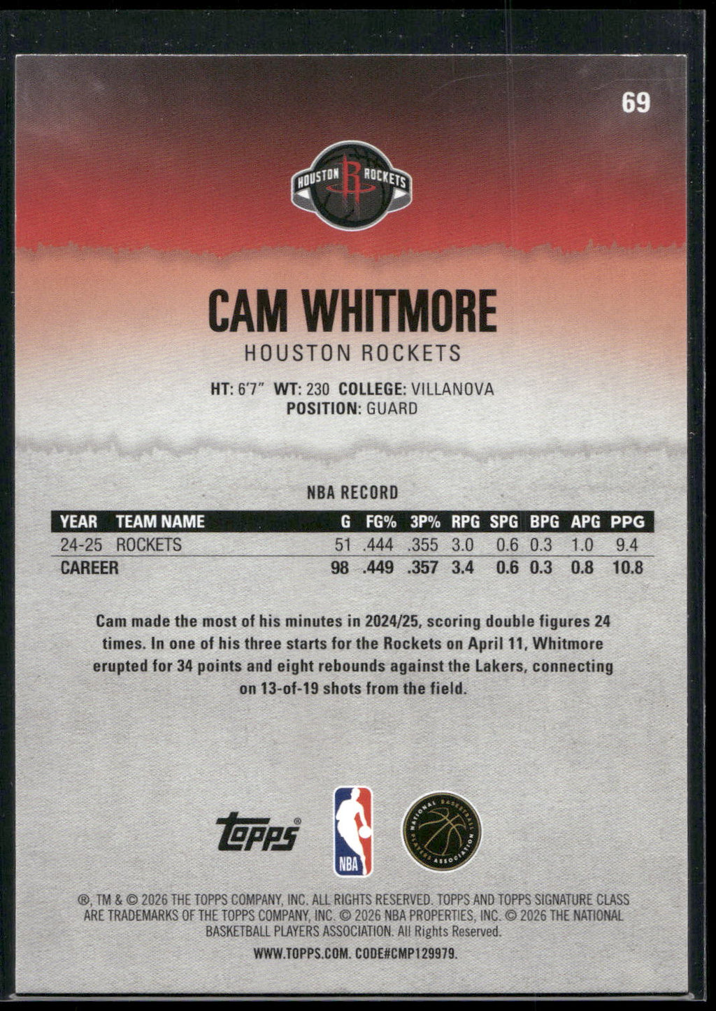 2025-26 Topps Signature Class #69 Cam Whitmore