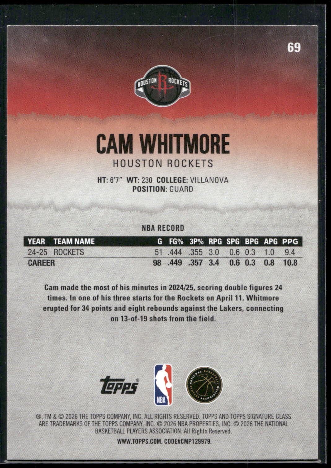 2025-26 Topps Signature Class #69 Cam Whitmore