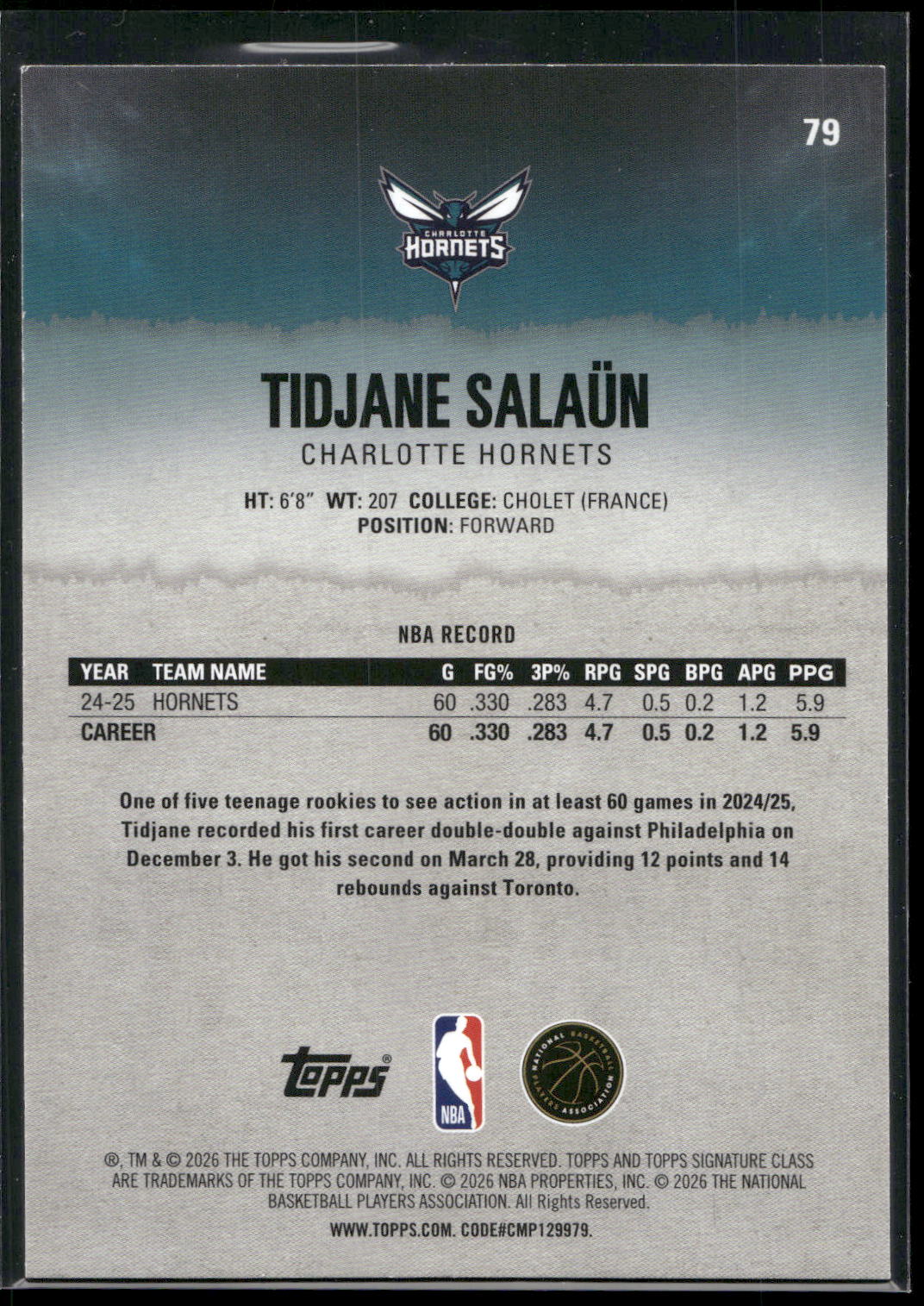 2025-26 Topps Signature Class #79 Tidjane Salaün