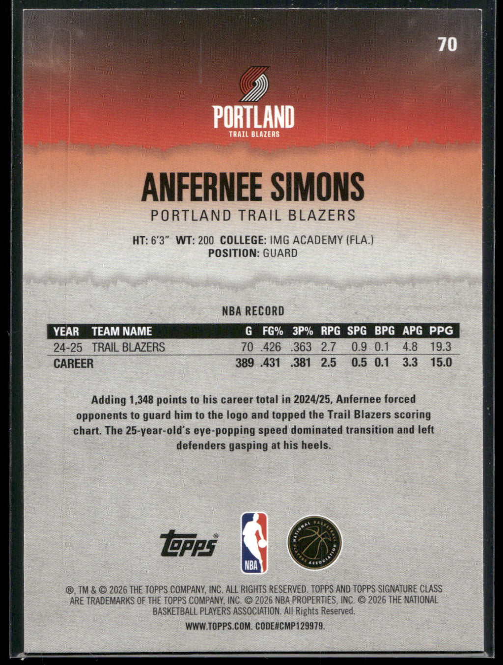 2025-26 Topps Signature Class #70 Anfernee Simons