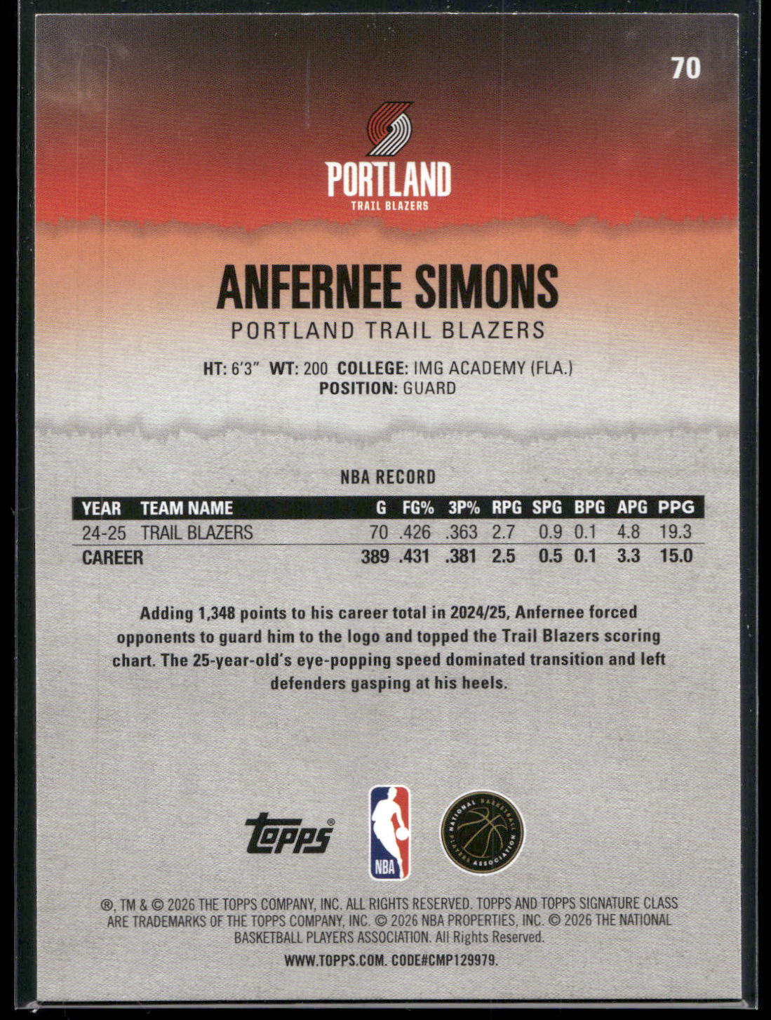 2025-26 Topps Signature Class #70 Anfernee Simons