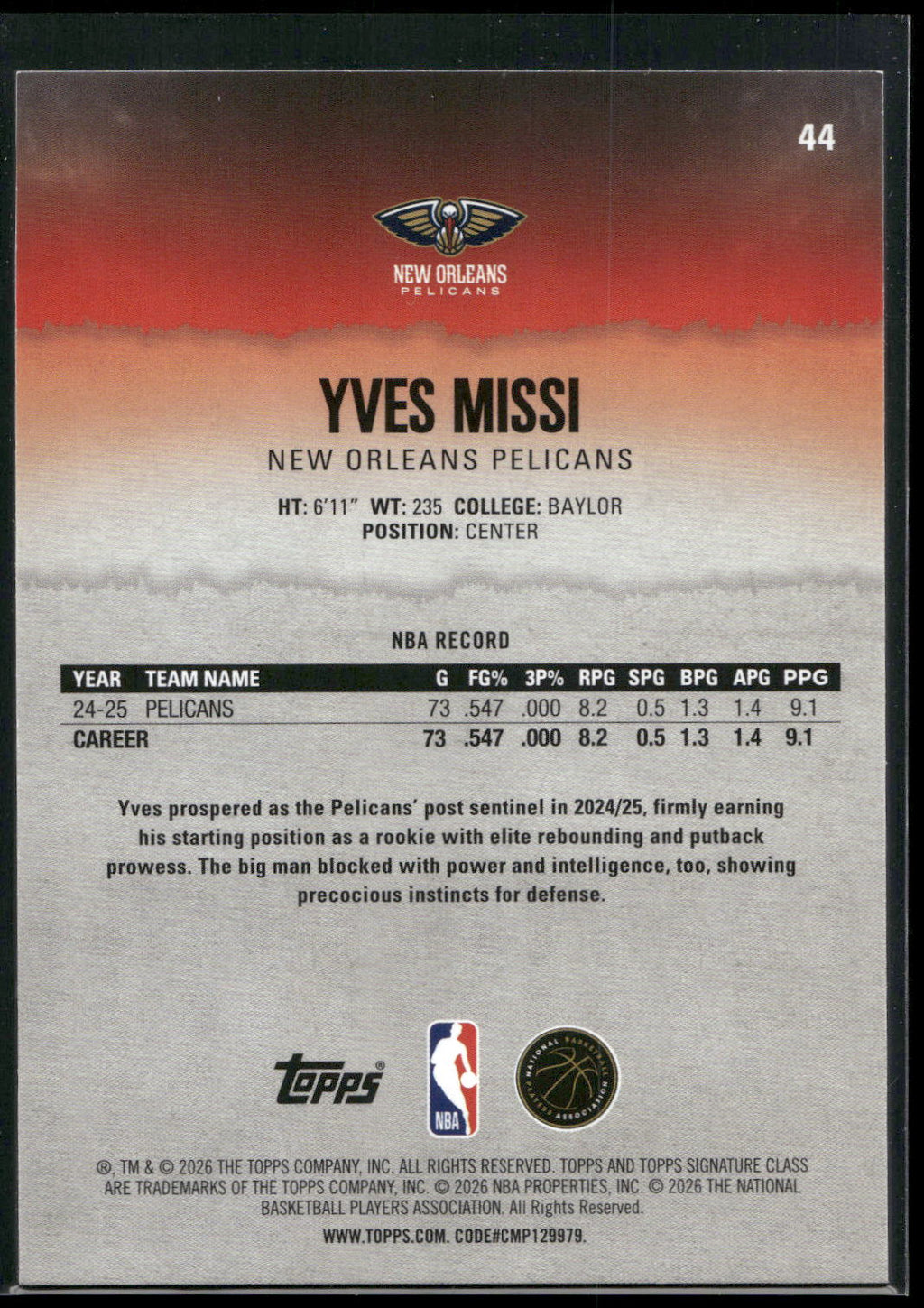 2025-26 Topps Signature Class #44 Yves Missi