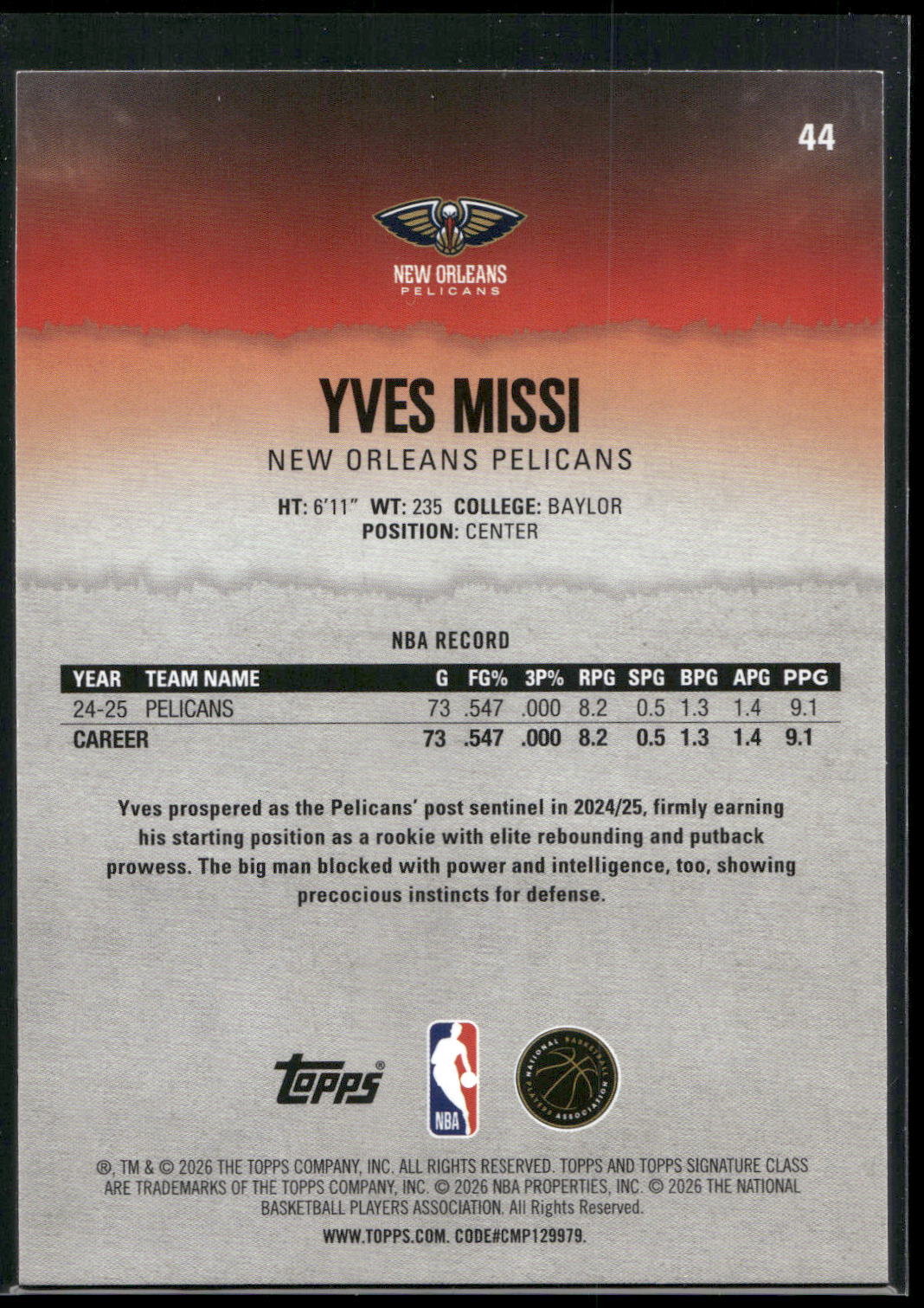 2025-26 Topps Signature Class #44 Yves Missi