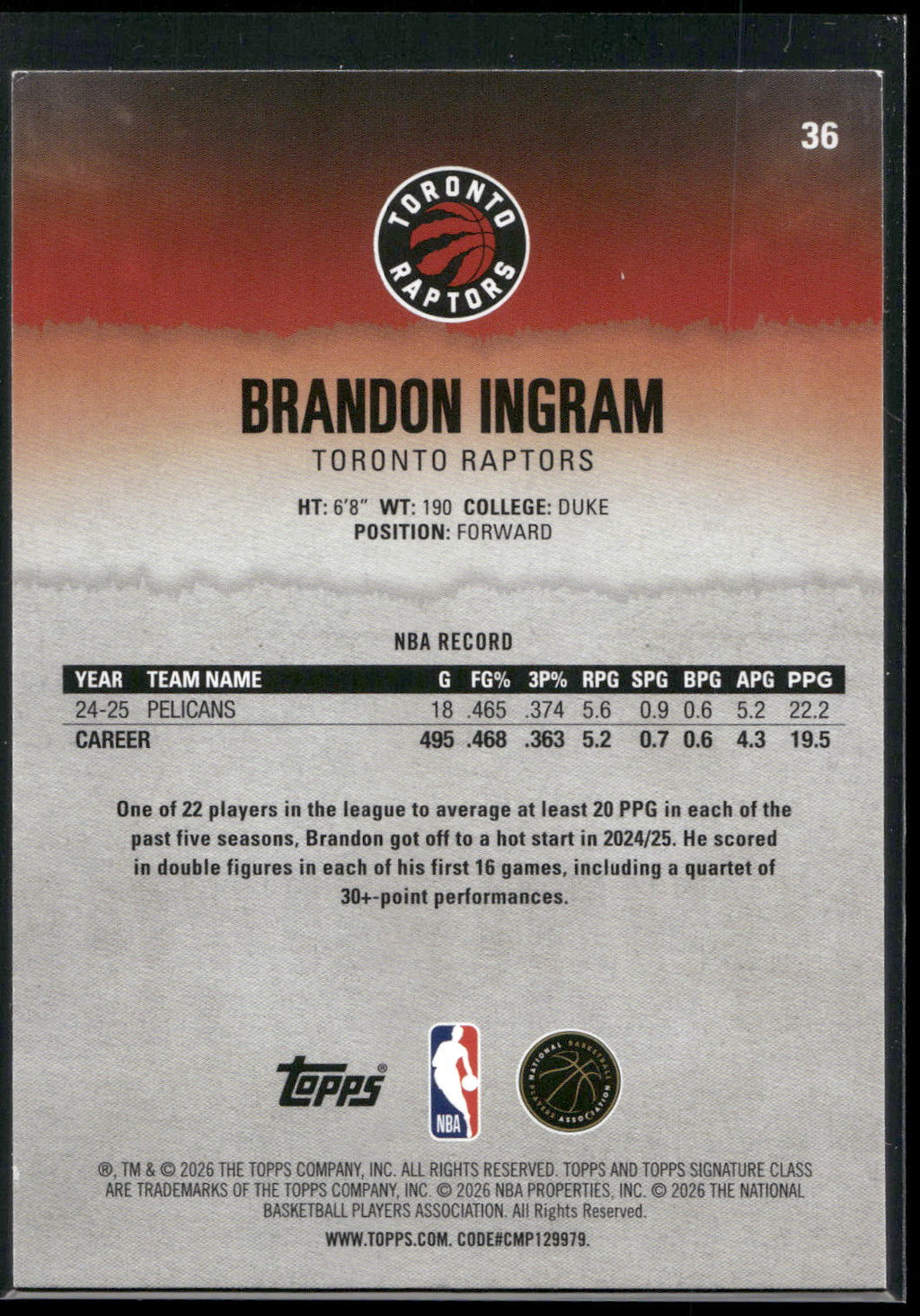 2025-26 Topps Signature Class #36 Brandon Ingram
