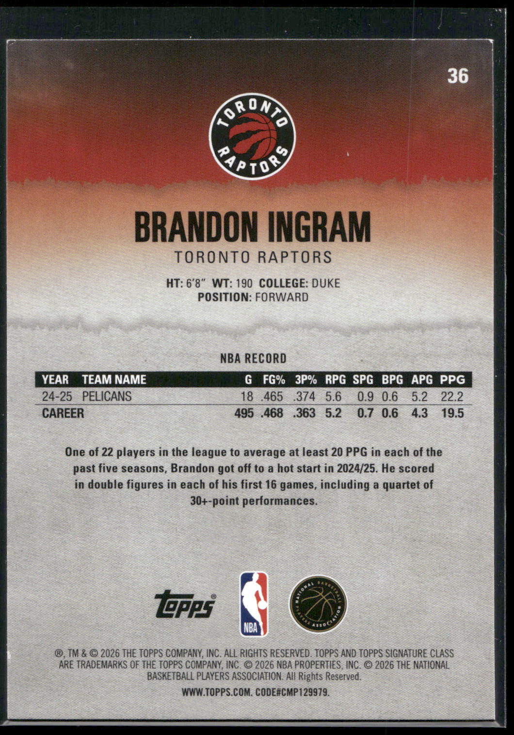 2025-26 Topps Signature Class #36 Brandon Ingram