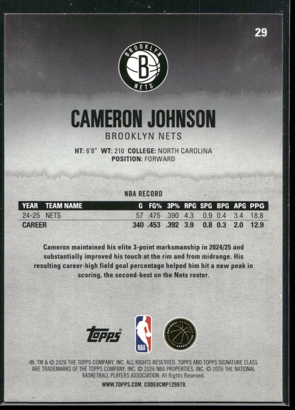 2025-26 Topps Signature Class #29 Cameron Johnson