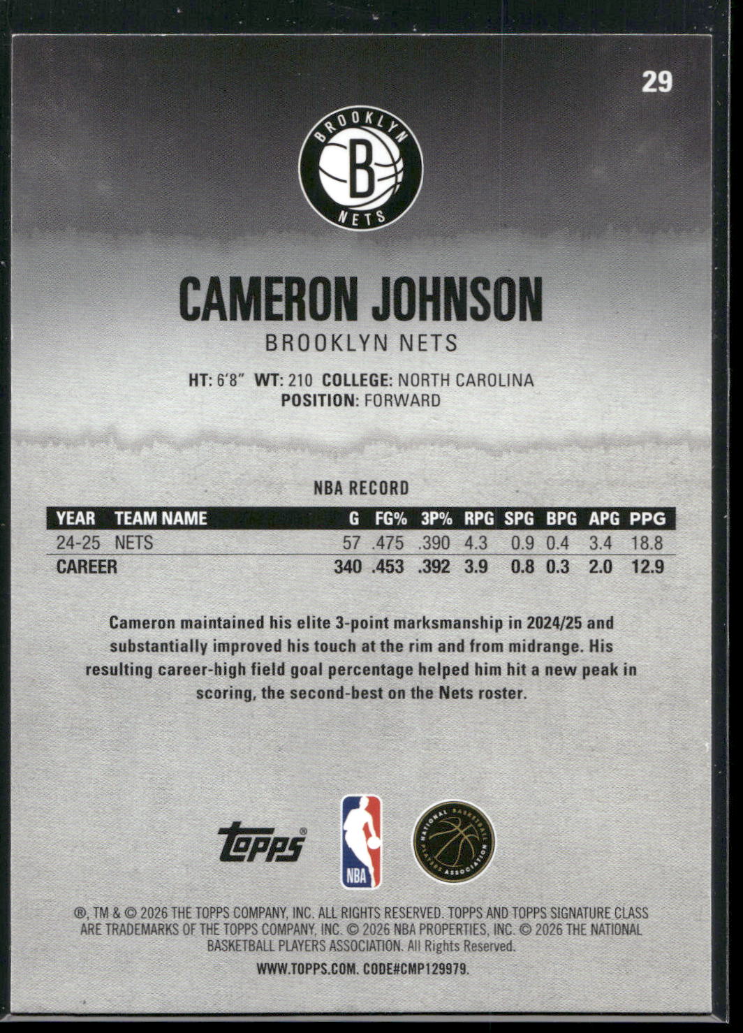 2025-26 Topps Signature Class #29 Cameron Johnson