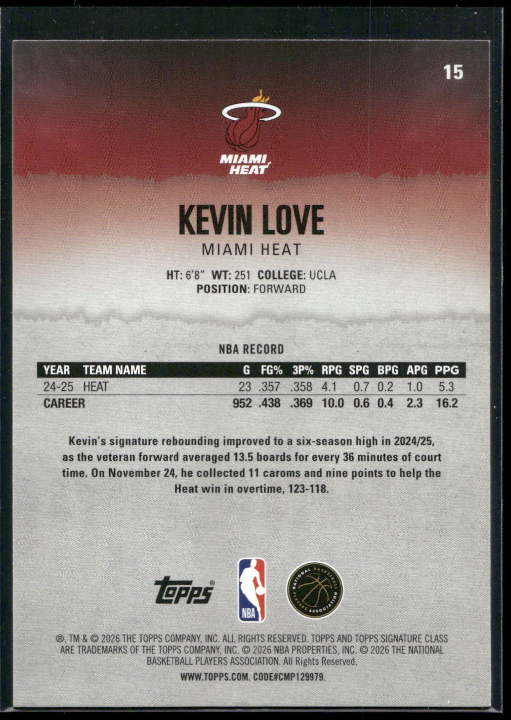 2025-26 Topps Signature Class #15 Kevin Love
