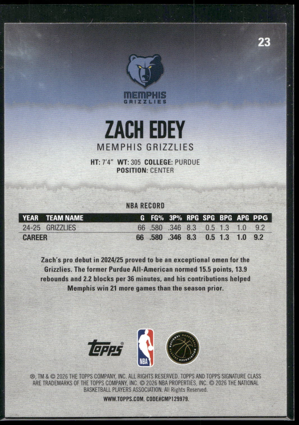2025-26 Topps Signature Class #23 Zach Edey
