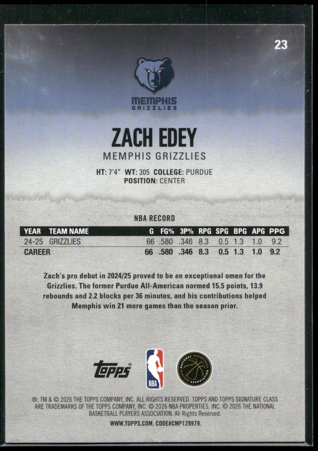 2025-26 Topps Signature Class #23 Zach Edey