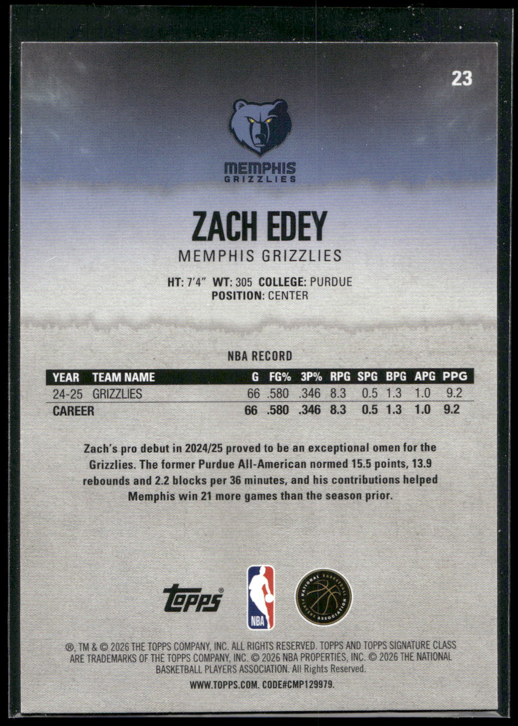 2025-26 Topps Signature Class #23 Zach Edey