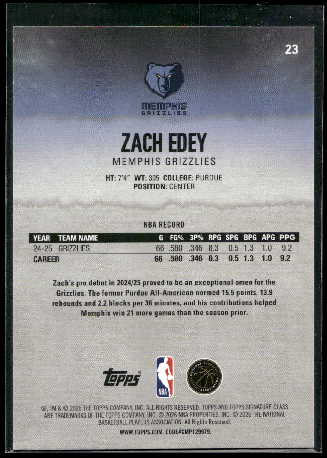 2025-26 Topps Signature Class #23 Zach Edey
