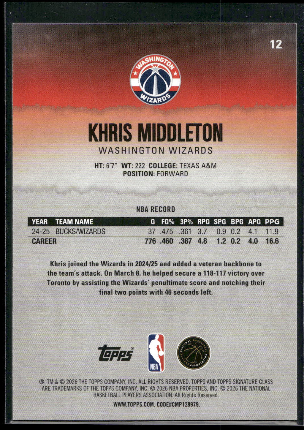 2025-26 Topps Signature Class #12 Khris Middleton
