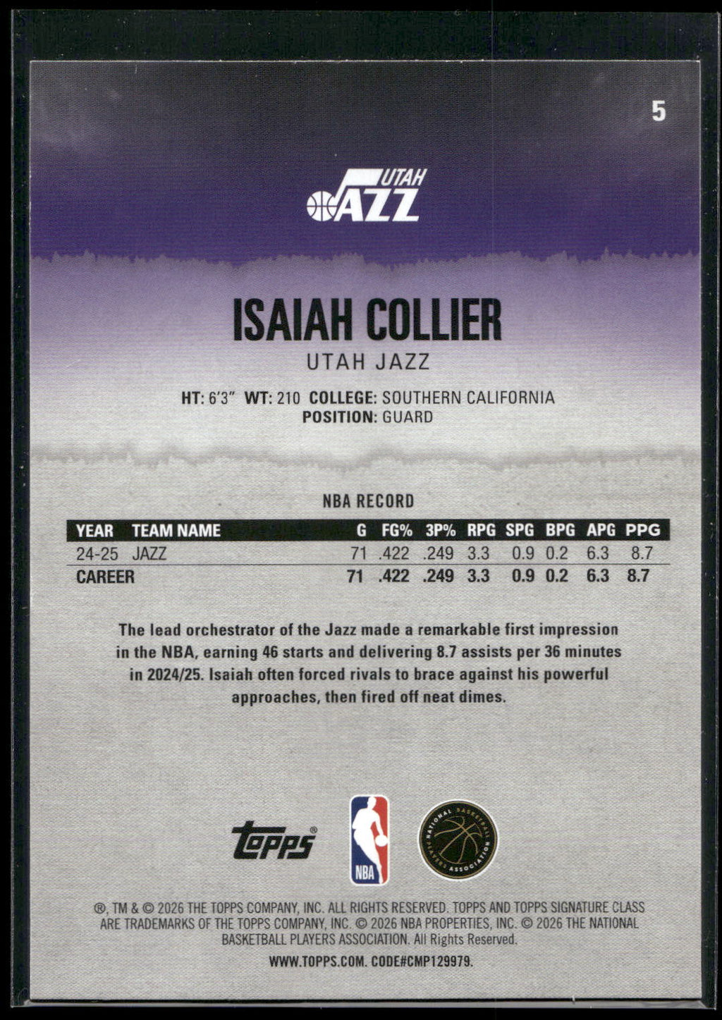 2025-26 Topps Signature Class #5 Isaiah Collier