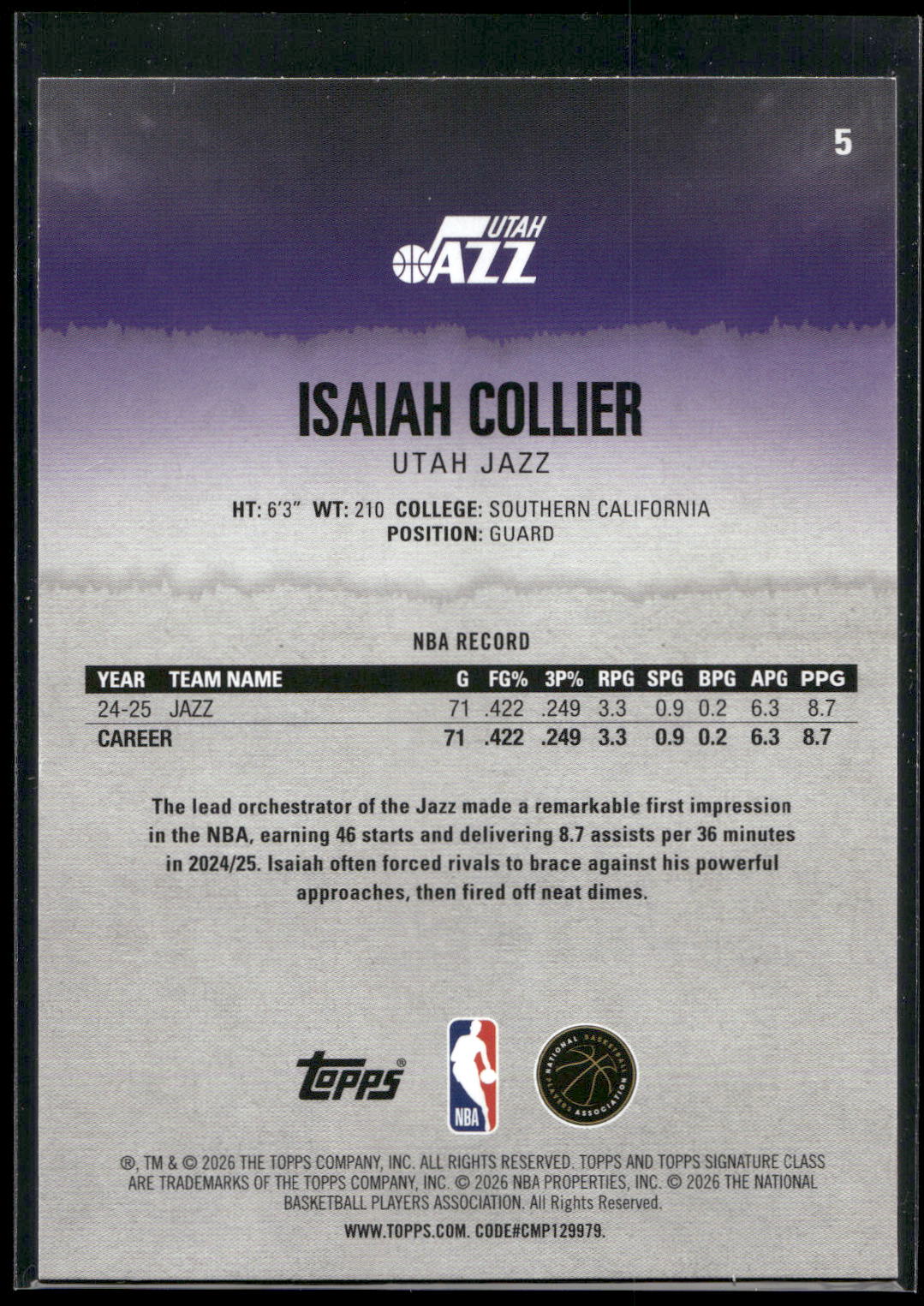 2025-26 Topps Signature Class #5 Isaiah Collier