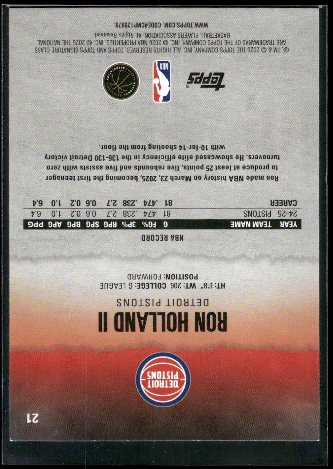 2025-26 Topps Signature Class #21 Ron Holland II