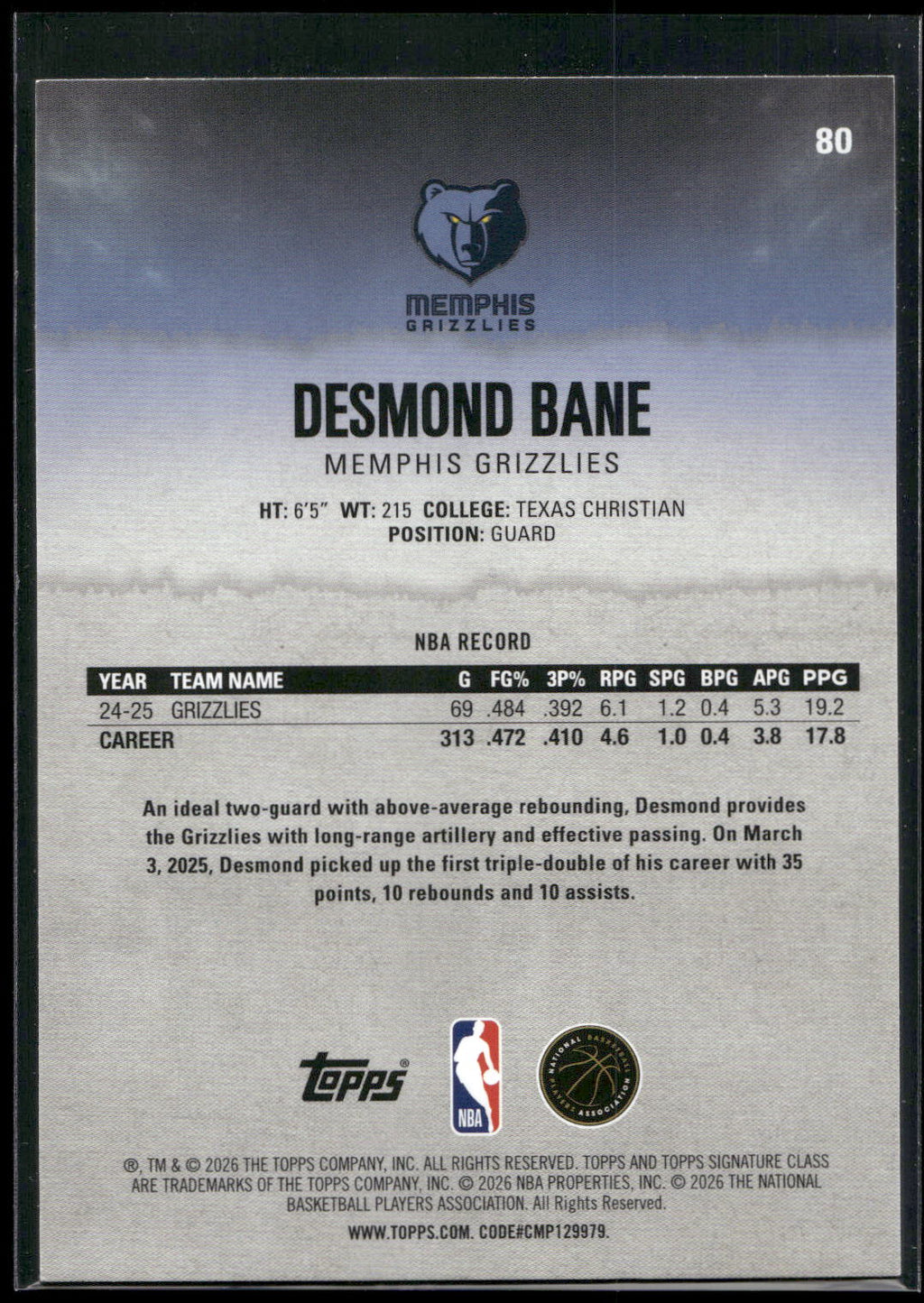 2025-26 Topps Signature Class #80 Desmond Bane