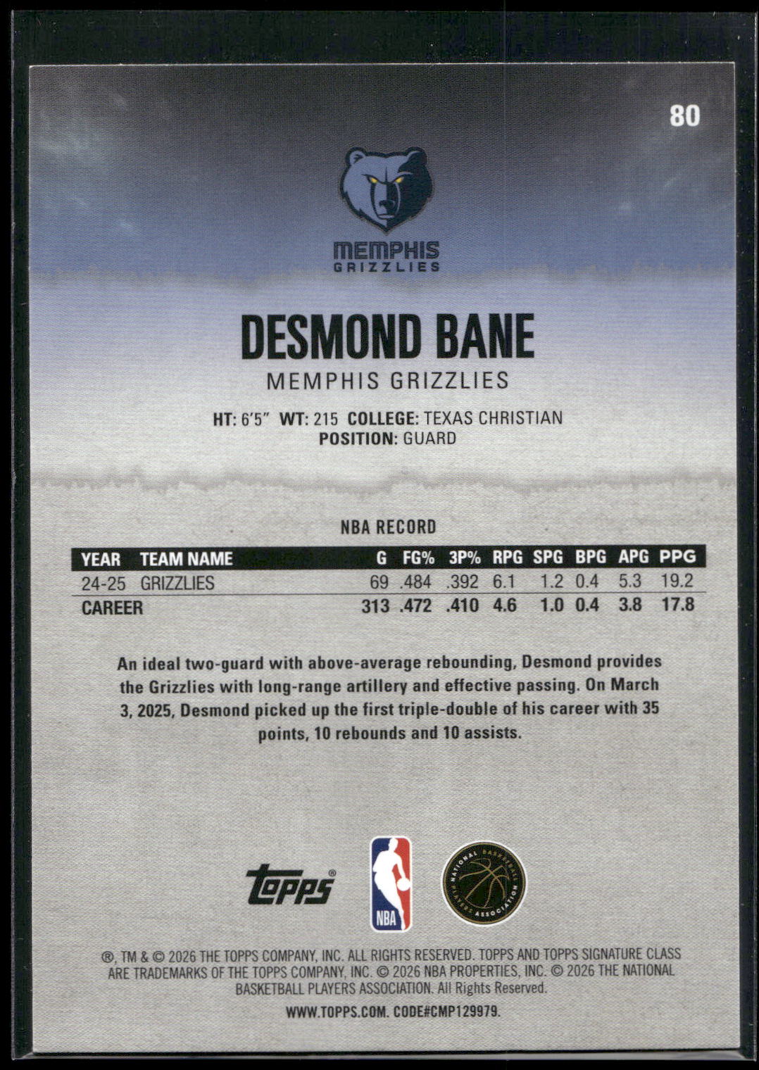 2025-26 Topps Signature Class #80 Desmond Bane