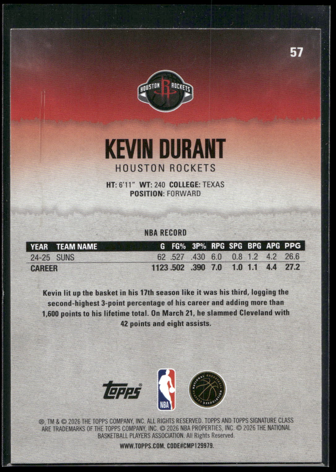 2025-26 Topps Signature Class #57 Kevin Durant