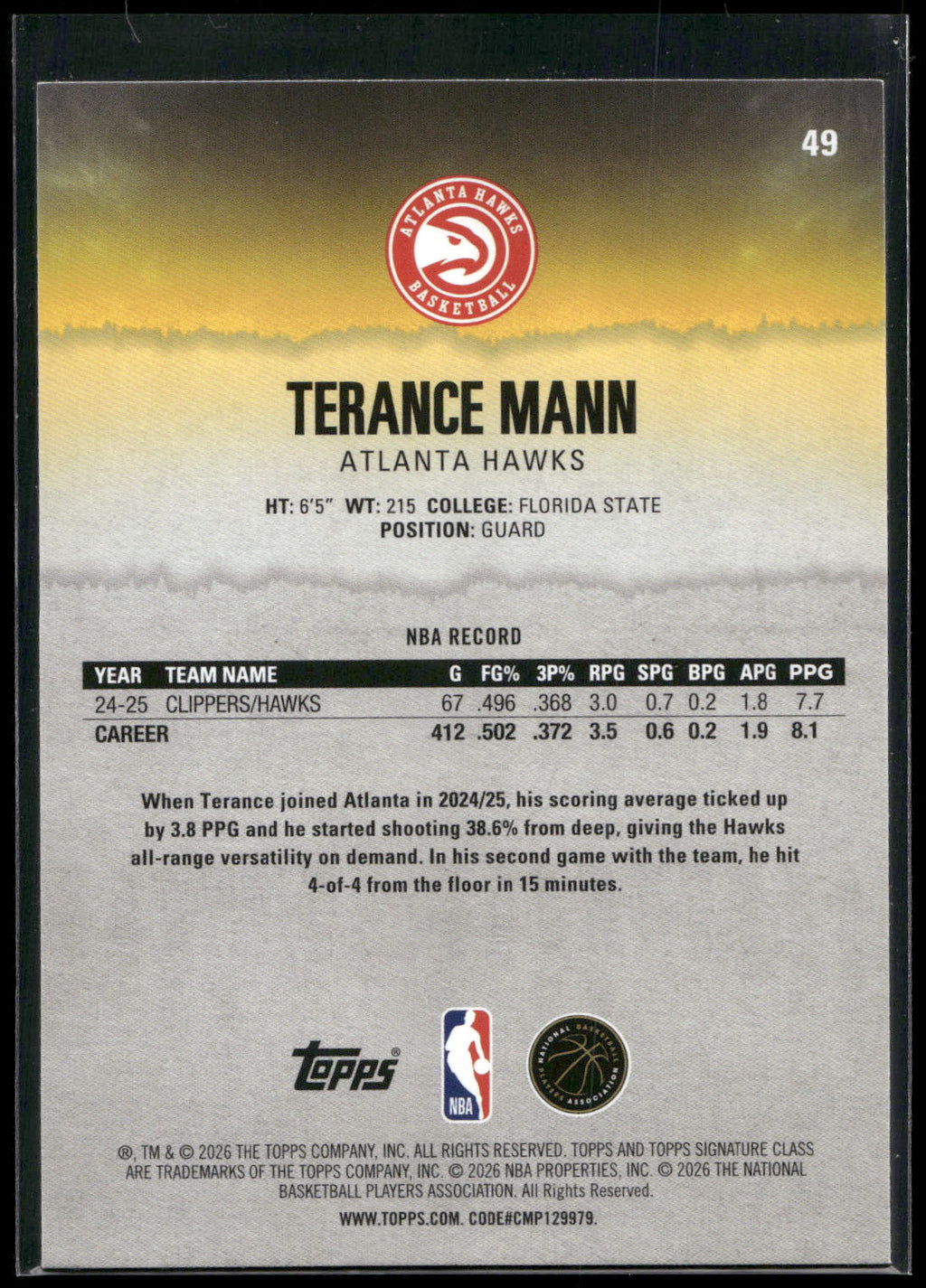 2025-26 Topps Signature Class #49 Terance Mann