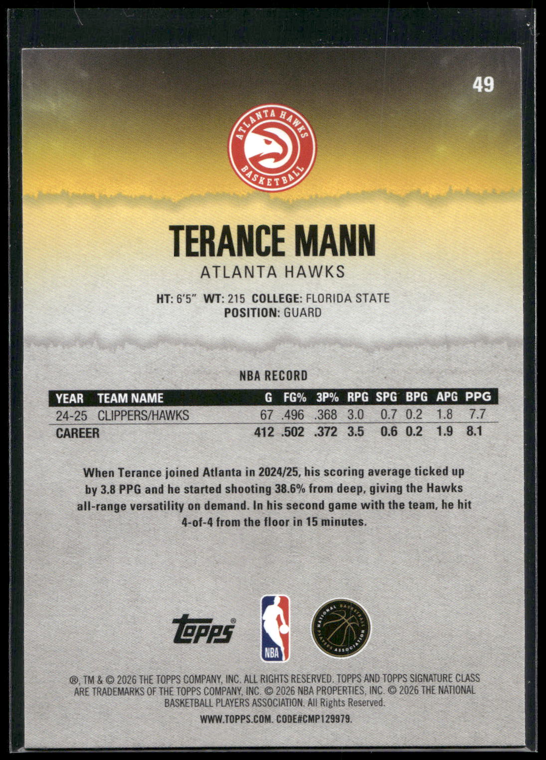 2025-26 Topps Signature Class #49 Terance Mann