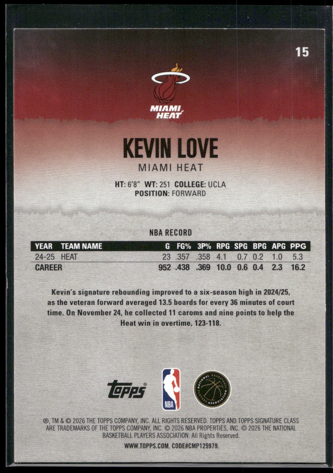 2025-26 Topps Signature Class #15 Kevin Love