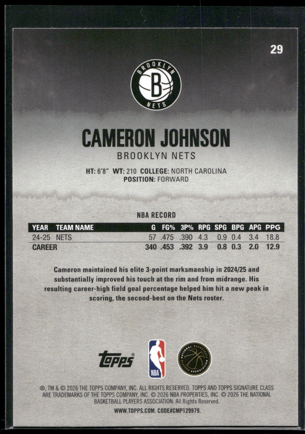 2025-26 Topps Signature Class #29 Cameron Johnson