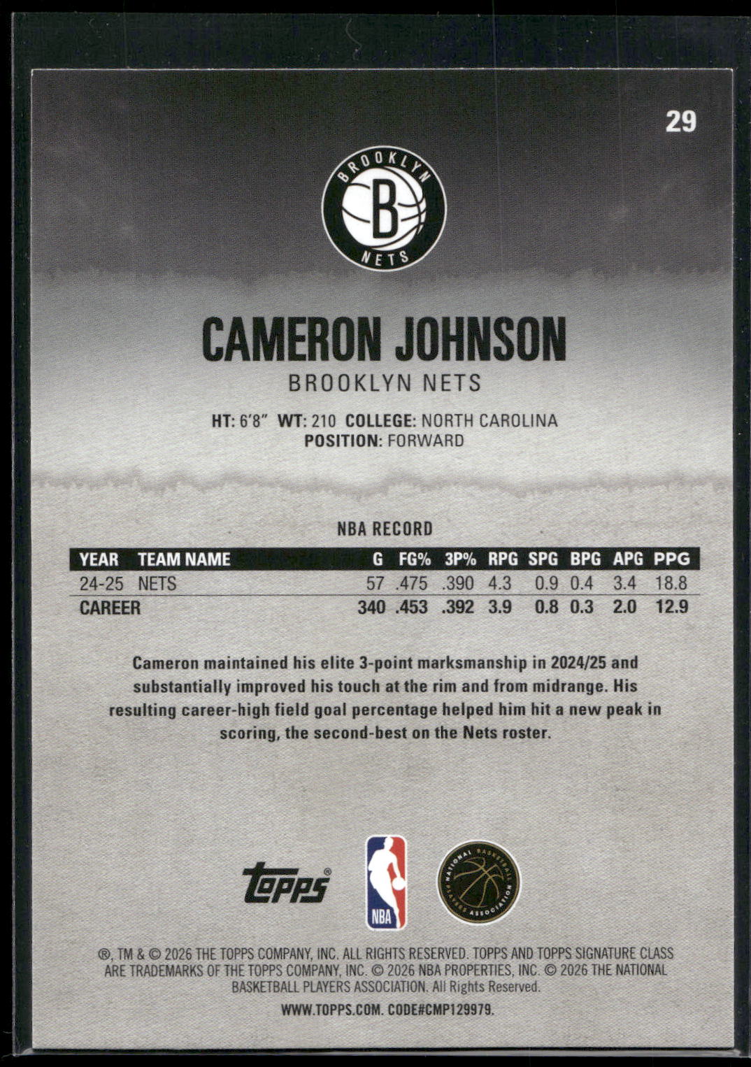2025-26 Topps Signature Class #29 Cameron Johnson