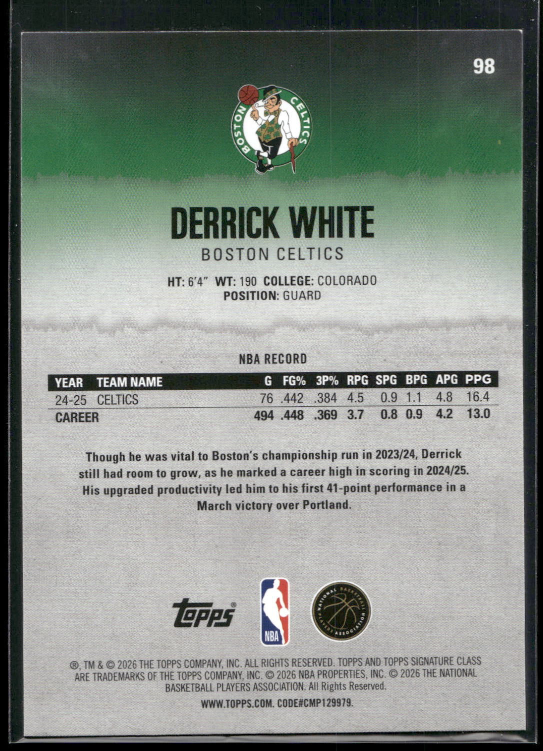 2025-26 Topps Signature Class #98 Derrick White