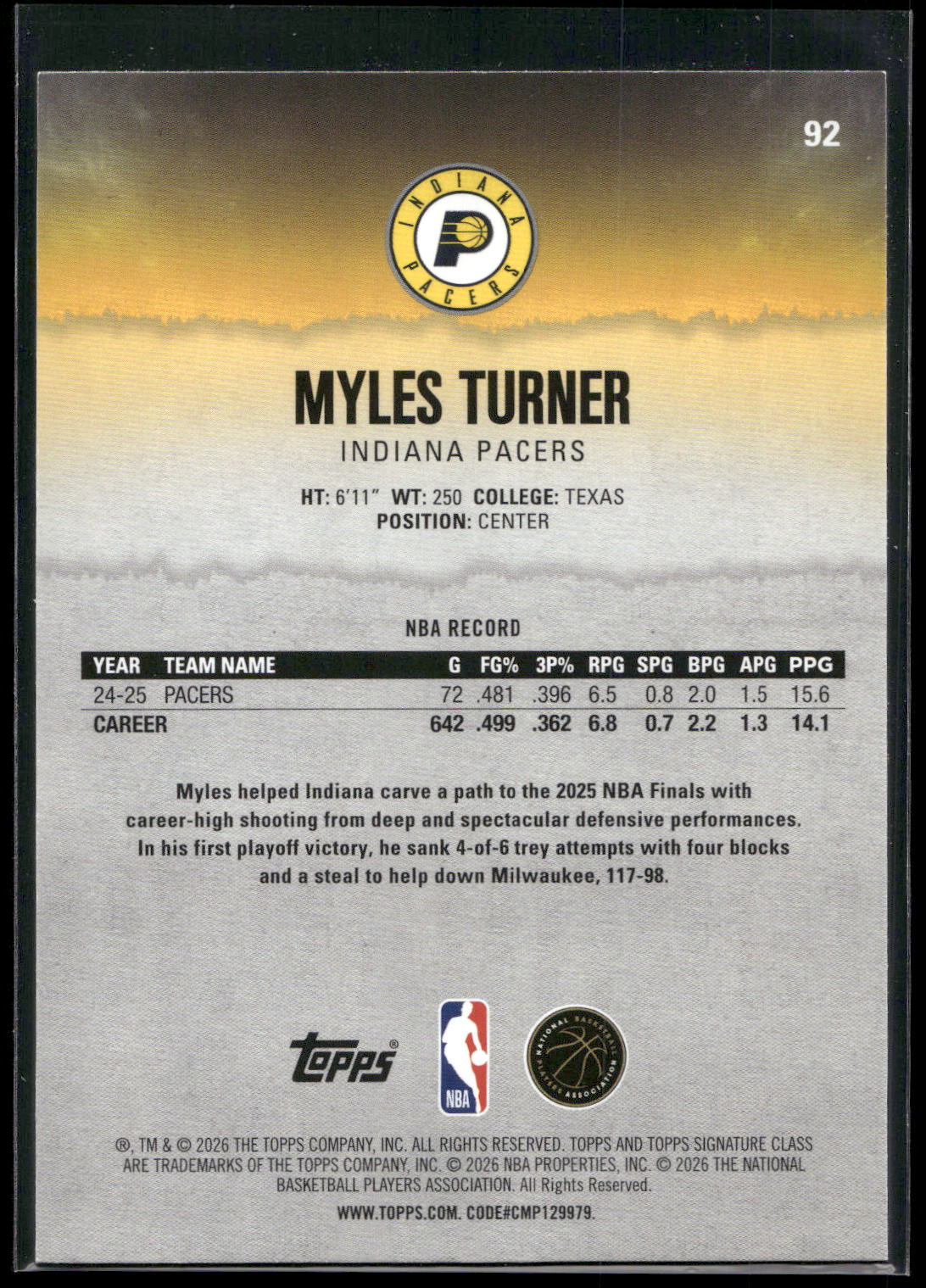 2025-26 Topps Signature Class #92 Myles Turner