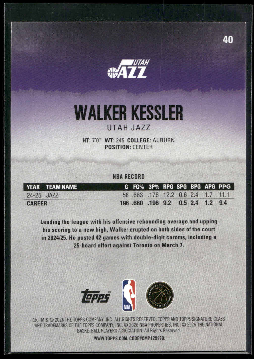 2025-26 Topps Signature Class #40 Walker Kessler