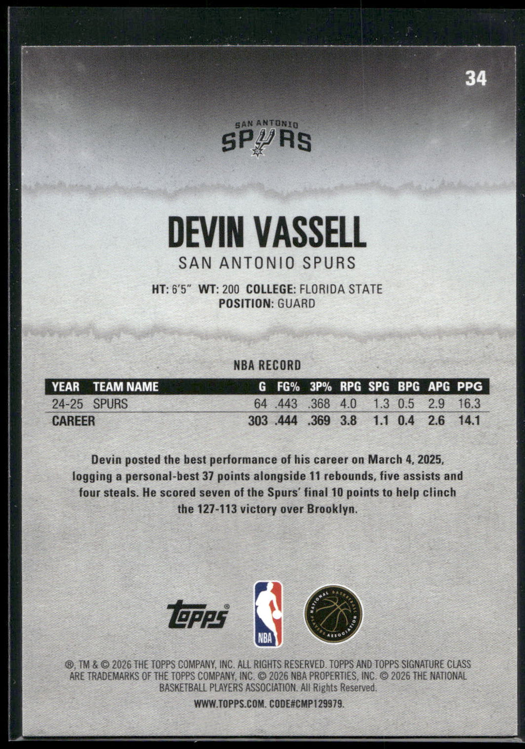 2025-26 Topps Signature Class #34 Devin Vassell
