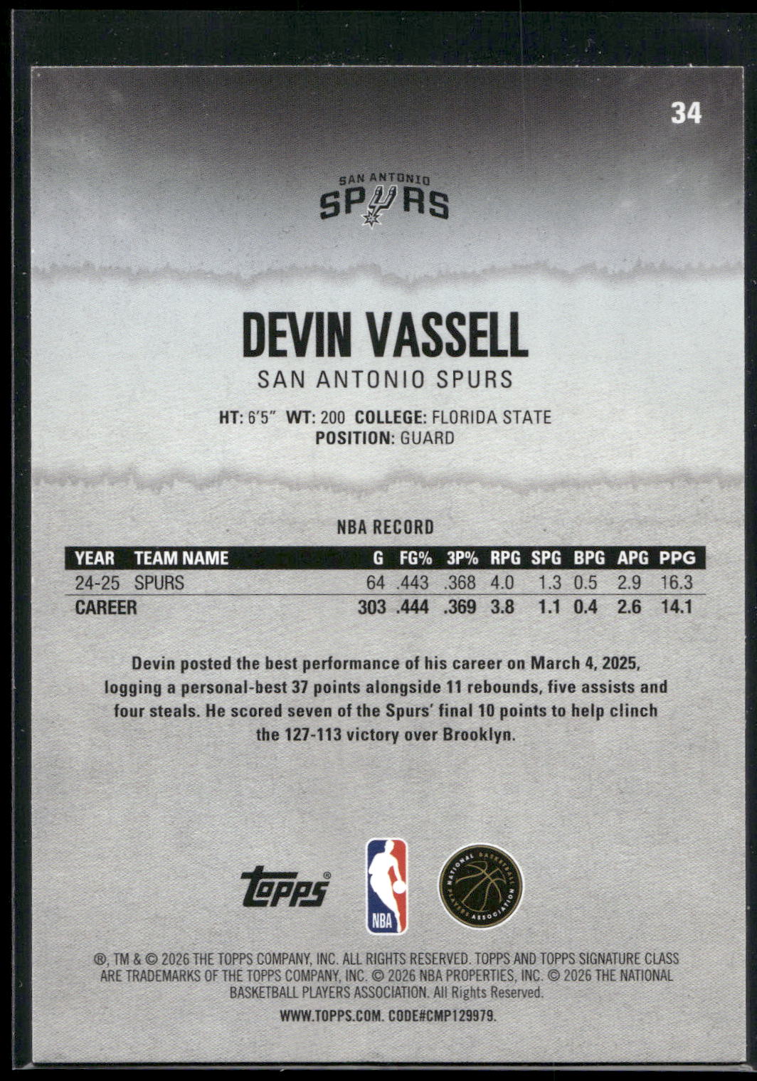 2025-26 Topps Signature Class #34 Devin Vassell