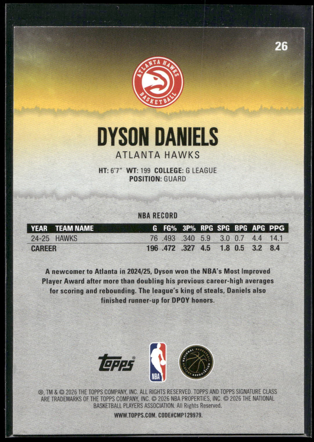 2025-26 Topps Signature Class #26 Dyson Daniels