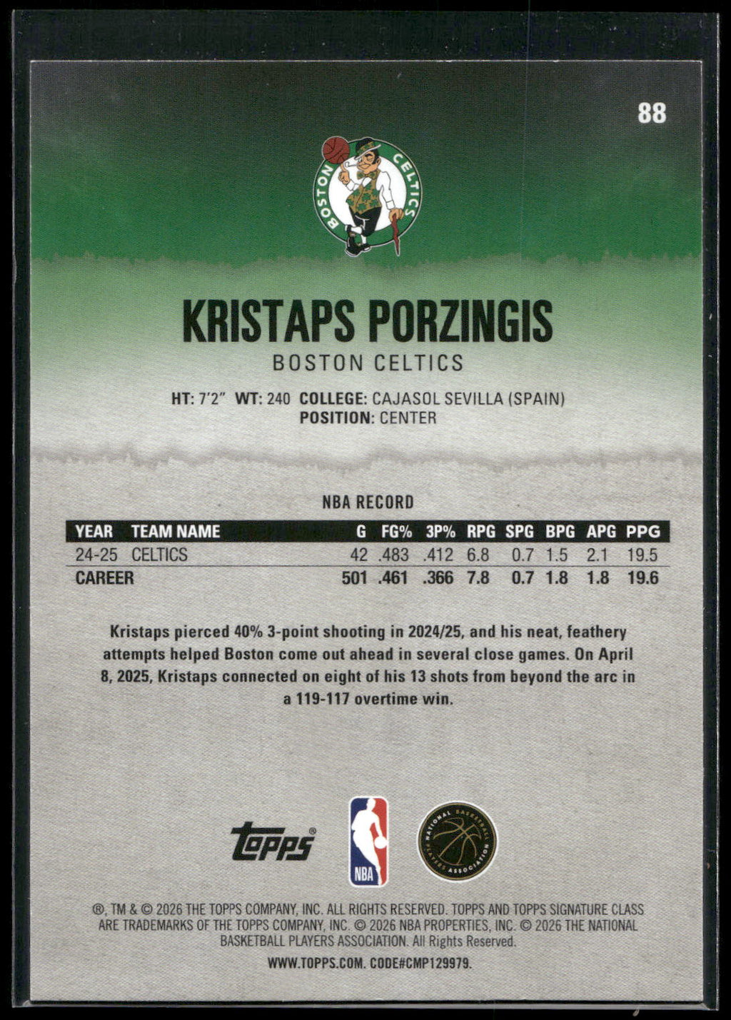 2025-26 Topps Signature Class #88 Kristaps Porzingis