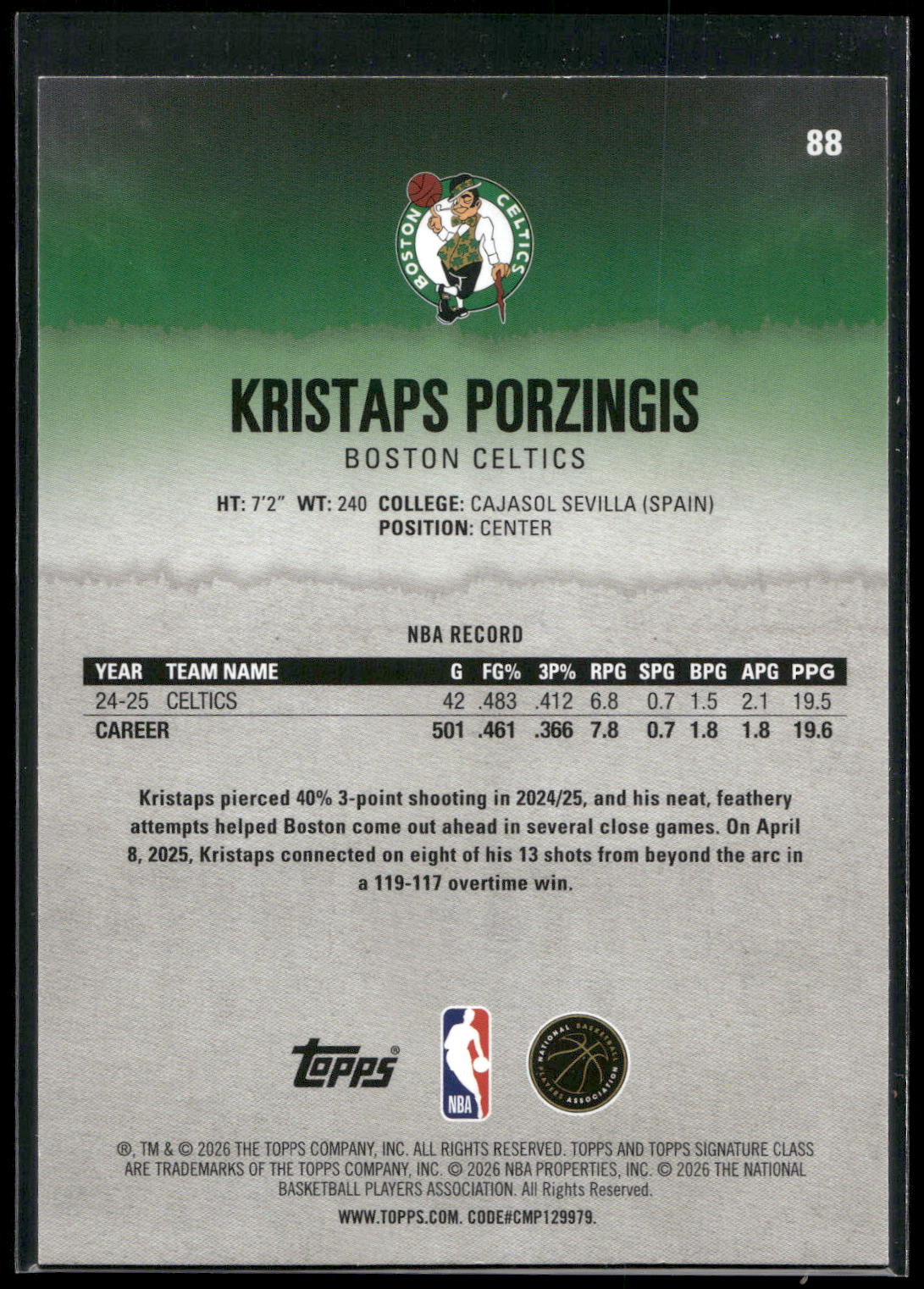 2025-26 Topps Signature Class #88 Kristaps Porzingis