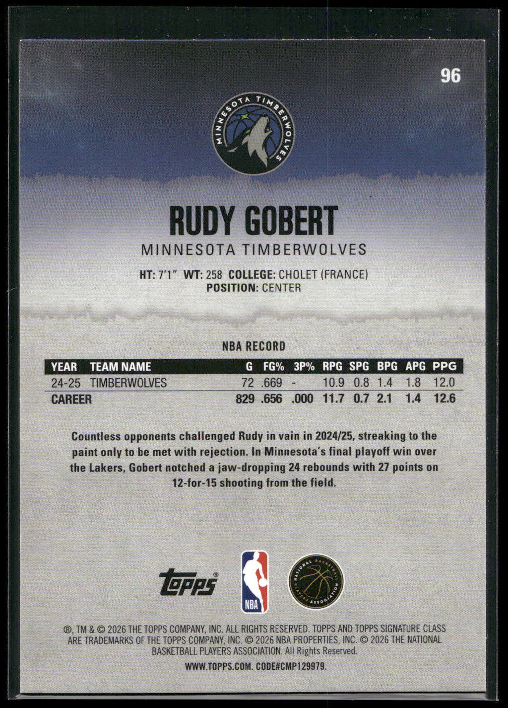 2025-26 Topps Signature Class #96 Rudy Gobert