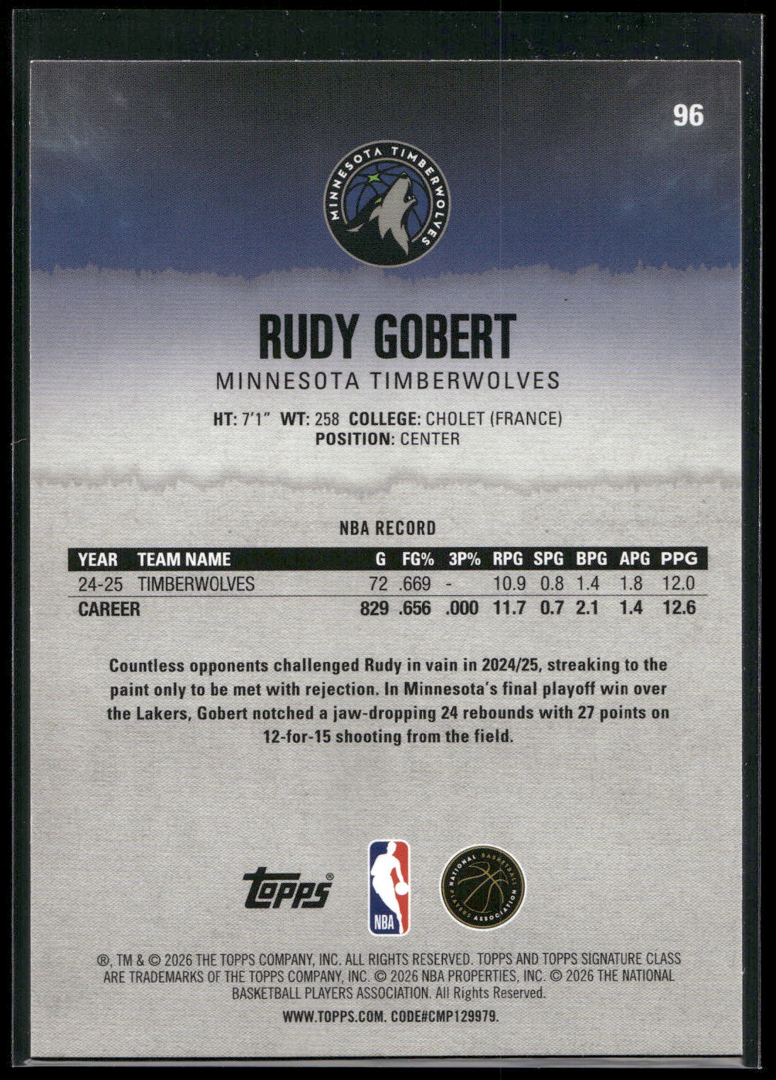 2025-26 Topps Signature Class #96 Rudy Gobert