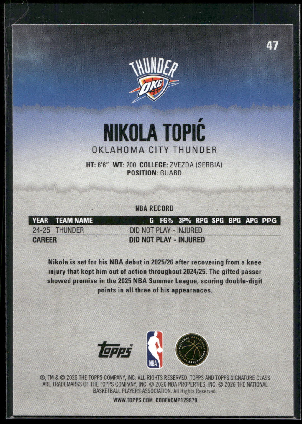 2025-26 Topps Signature Class #47 Nikola Topić