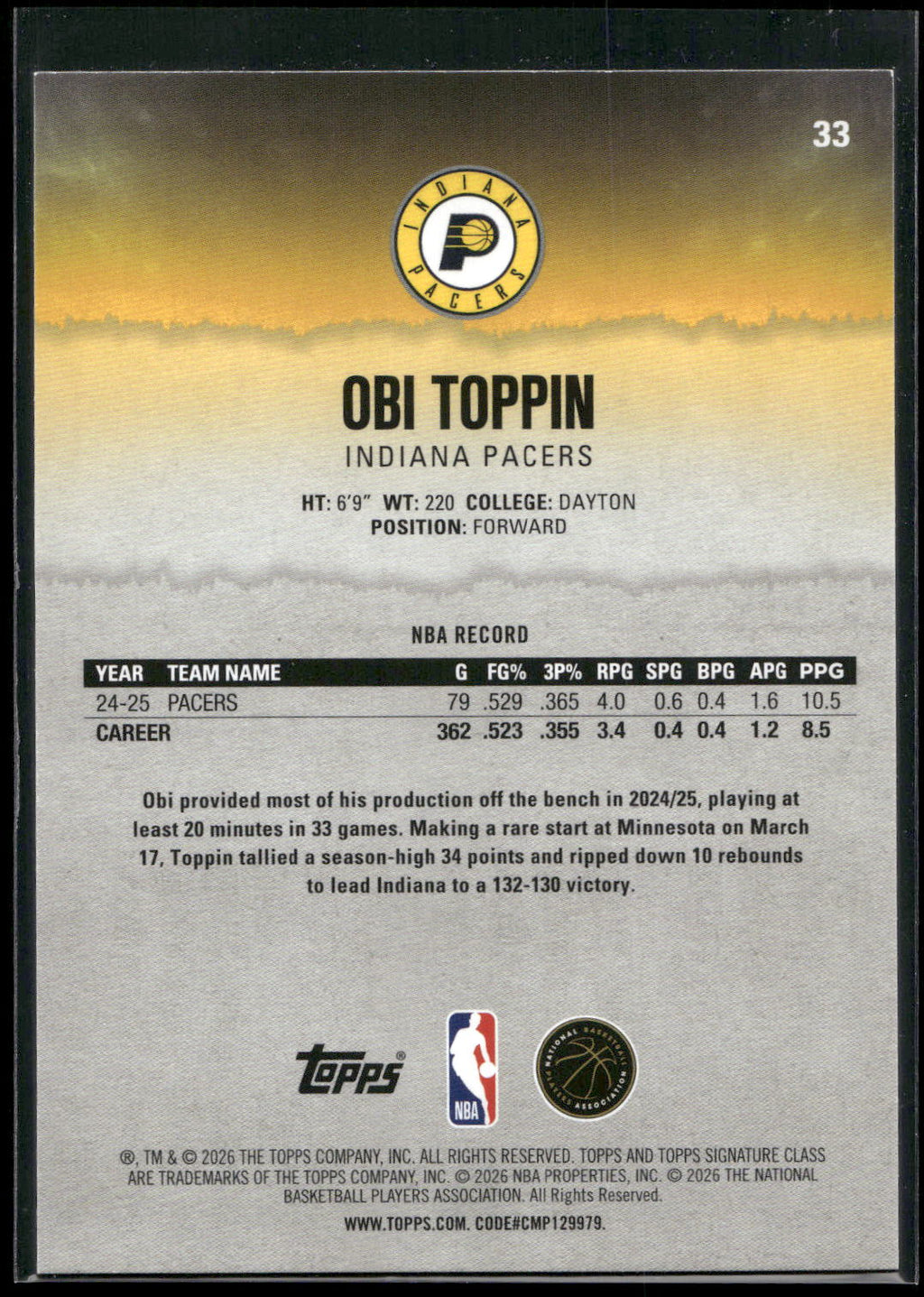 2025-26 Topps Signature Class #33 Obi Toppin