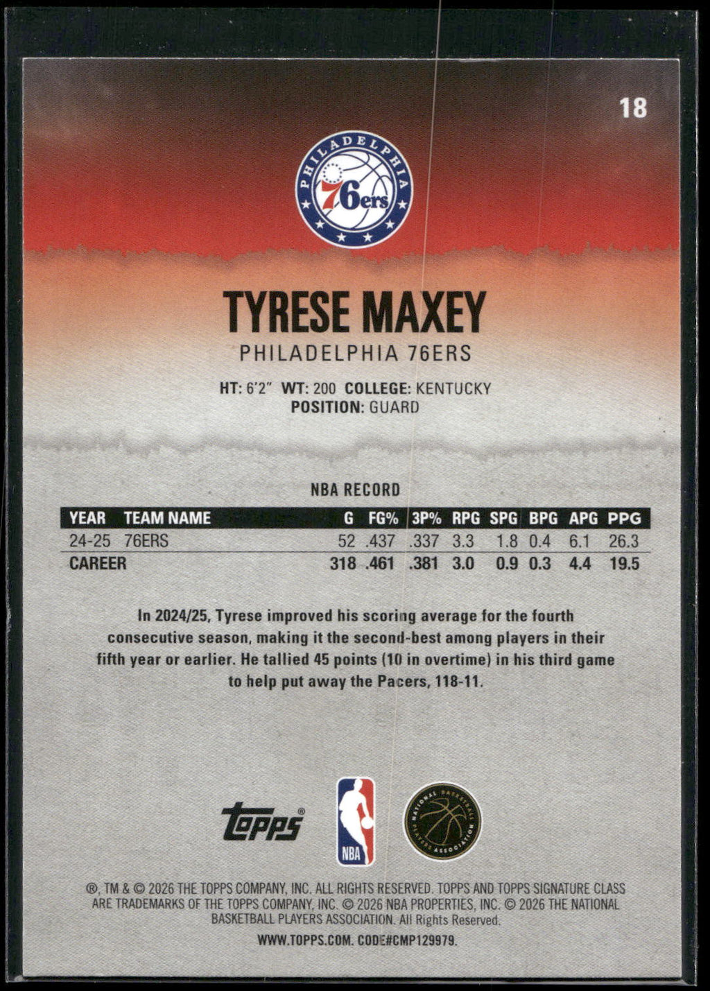 2025-26 Topps Signature Class #18 Tyrese Maxey