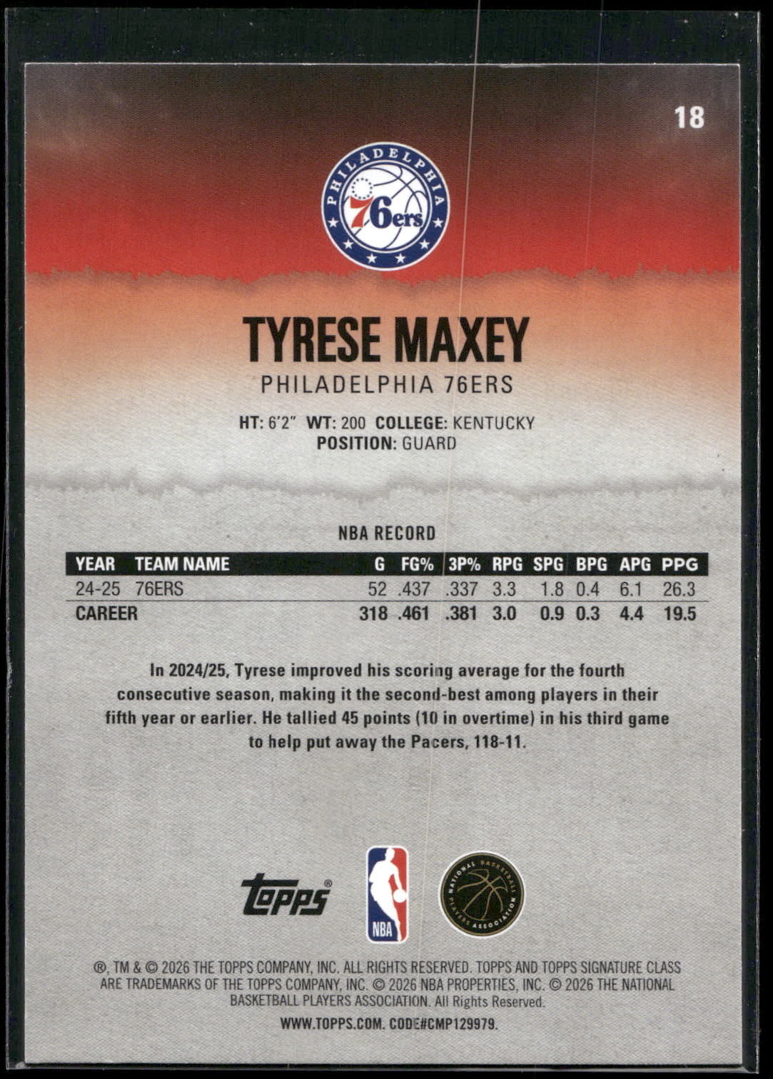 2025-26 Topps Signature Class #18 Tyrese Maxey